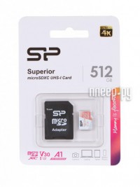 Фото 512Gb - Silicon Power Superior A1 MicroSDXC Class 10 UHS-I U3 SP512GBSTXDV3V20SP с адаптером SD (Оригинальная!)