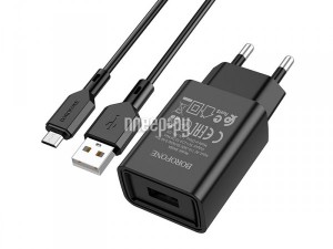 Фото Borofone BA68A Glacier 1xUSB 2.1А + кабель MicroUSB Black 6974443385700