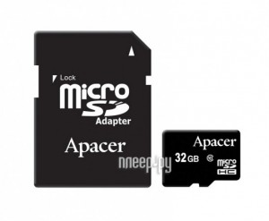 Карта памяти 32Gb - Apacer - Micro Secure Digital HC Class 10 AP32GMCSH10-R с переходником под SD (Оригинальная!)